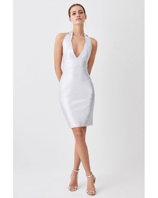 Karen Millen White Petite Foiled Halter Neck Bandage Deep V Midi Dress
