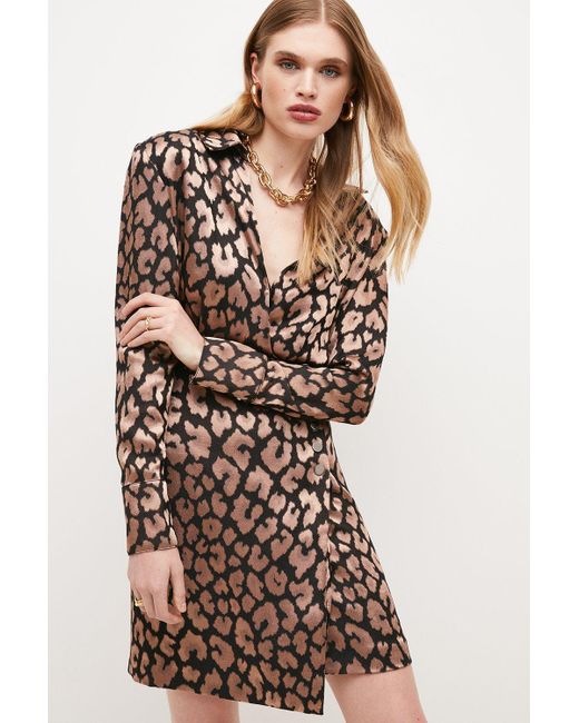 Karen Millen Brown Leopard Jacquard Satin Strong Shoulder Mini Dress