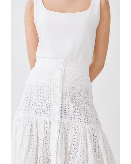 Karen Millen White Petite Cotton Broderie Button Through Midi Skirt
