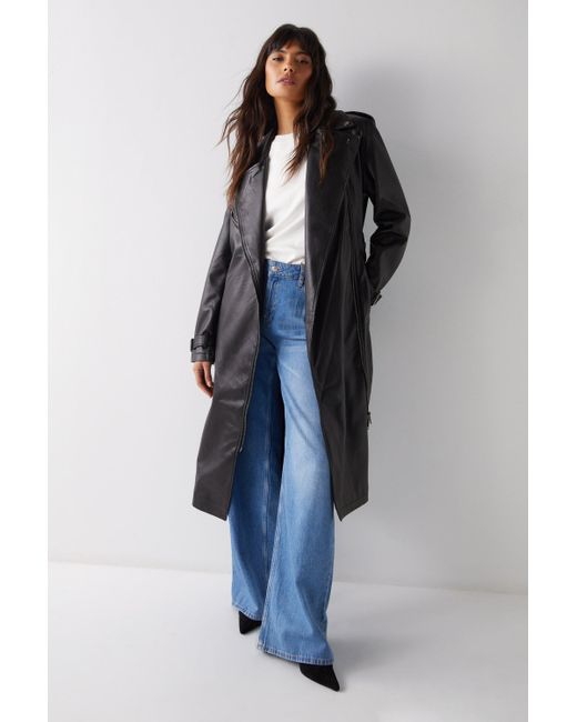Warehouse Blue Faux Leather Biker Trench Coat