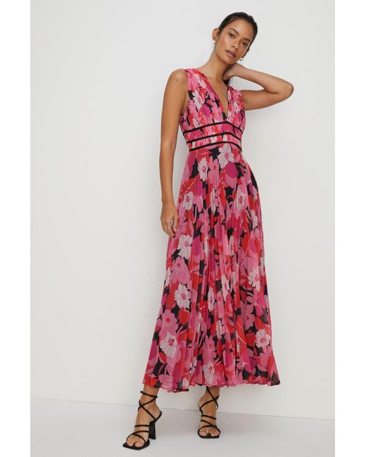 Oasis Red Colour Pop Floral Pleated Midi Dress