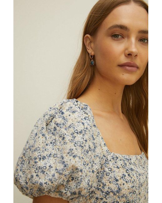 Oasis Natural Ditsy Printed Blue Broderie Midi Dress