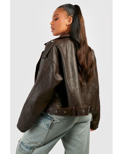Boohoo Brown Plus Vintage Faux Leather Crop Biker Jacket