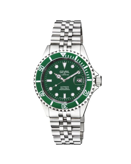 Gevril Wall Street Swiss Automatic Sw200 Green Emerald Dial, Green Ceramic Bezel Stainless Steel Bracelet for men