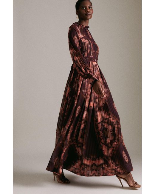 Karen Millen Brown Tie Dye Woven Tape Detail Drama Maxi Dress