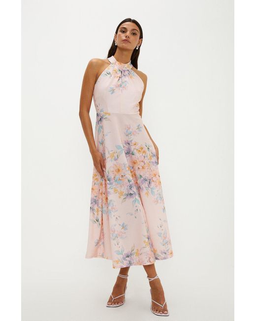 Oasis Pink Blush Floral Stretch Crepe Twist Halterneck Midi Dress
