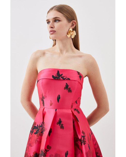 Karen Millen Red Floral Print Satin Twill Woven Prom Dress
