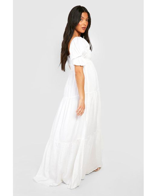Boohoo White Maternity Linen Shirred Tiered Midi Dress