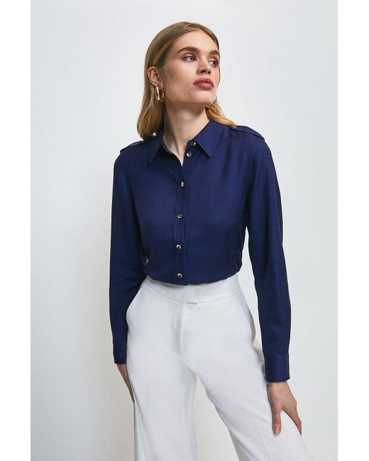Karen Millen Blue Linen Viscose Long Sleeved Utility Shirt