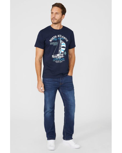 MAINE Blue Long Harbour Printed Tee for men