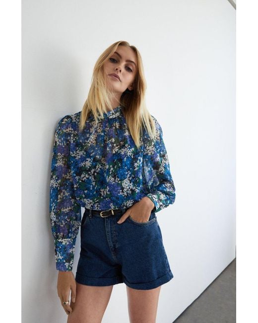 Warehouse Blue Polyester High Neck Blouse In Floral