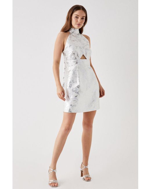 Debut London Metallic Silver Rose Jacquard Mini Dress