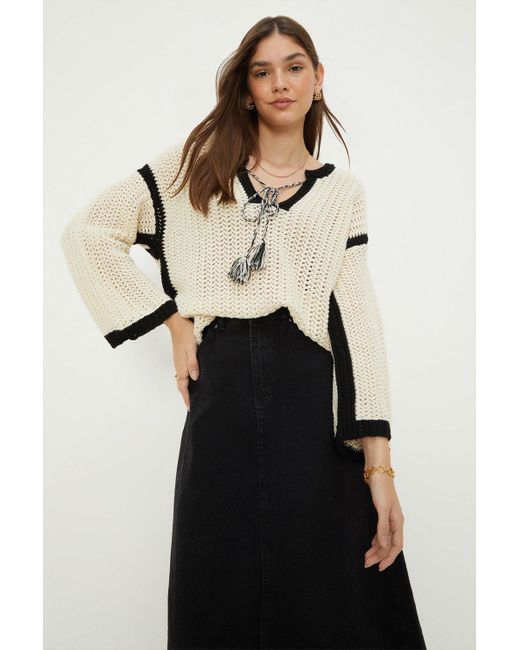 Dorothy Perkins Black Contrast Crochet Tie Front Long Sleeve Top