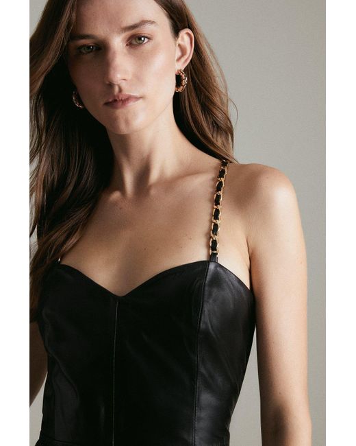 Karen Millen Black Leather Chain Cami Ring Back Pencil Midi Dress