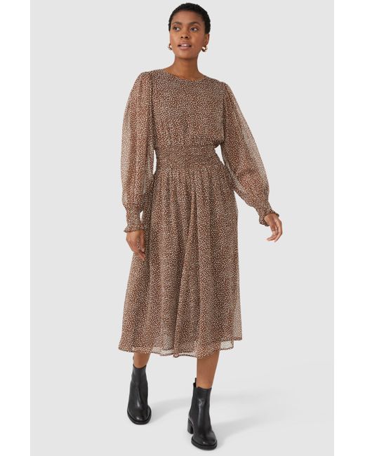 PRINCIPLES Brown Printed Shirred Waist Chiffon Midi Dress