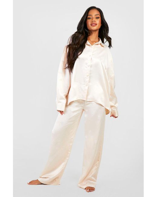 Boohoo Natural Satin Oversized Detail Sleeve Pyjama Set