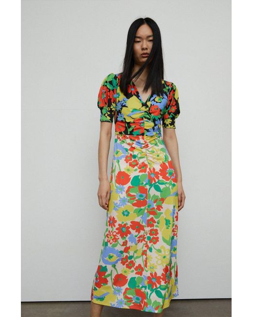 Warehouse White Floral Mixed Print Ruched Front Midi Dress