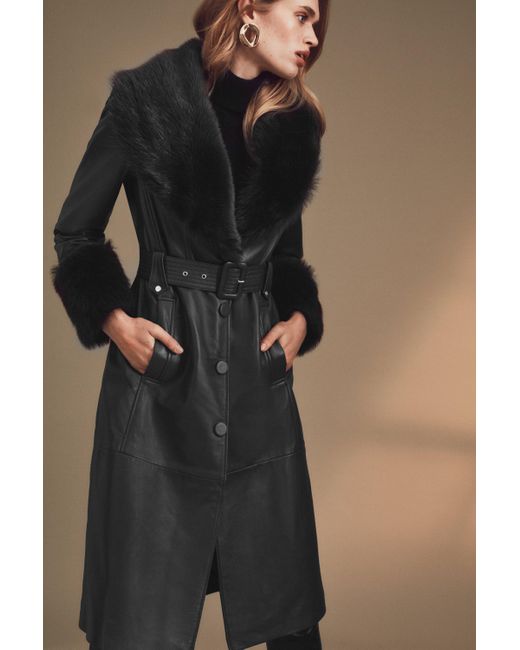 Karen Millen Black Shearling Cuff And Collar Leather Coat