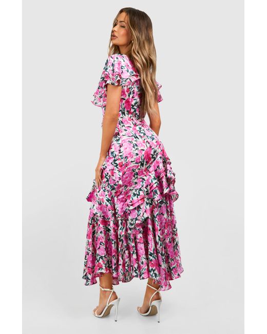 Boohoo Red Floral Frill Detail Maxi Dress