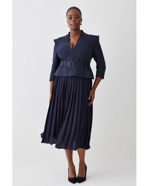 Karen Millen Blue Plus Size Structured Crepe Forever Pleated Midi Dress