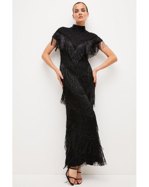 Karen Millen Black Embellished Tassle Sleeve Maxi Dress