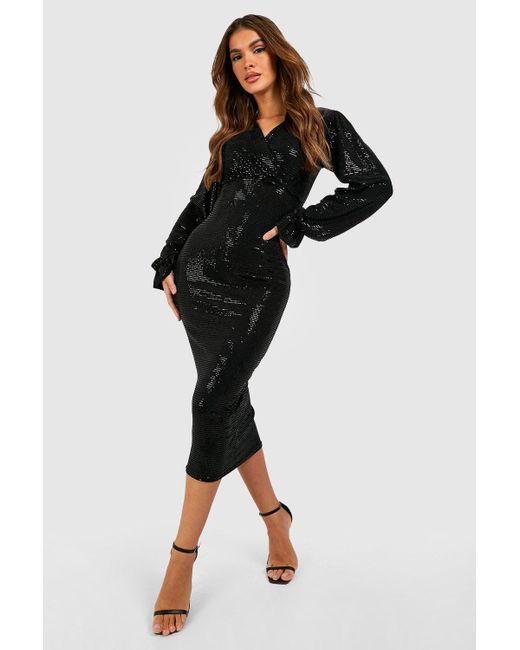 Boohoo Black Sequin Long Sleeve Wrap Detail Midi Dress