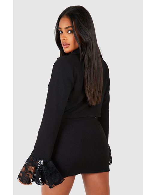 Boohoo Black Flared Lace Sleeve Cropped Blazer & Micro Mini Skirt