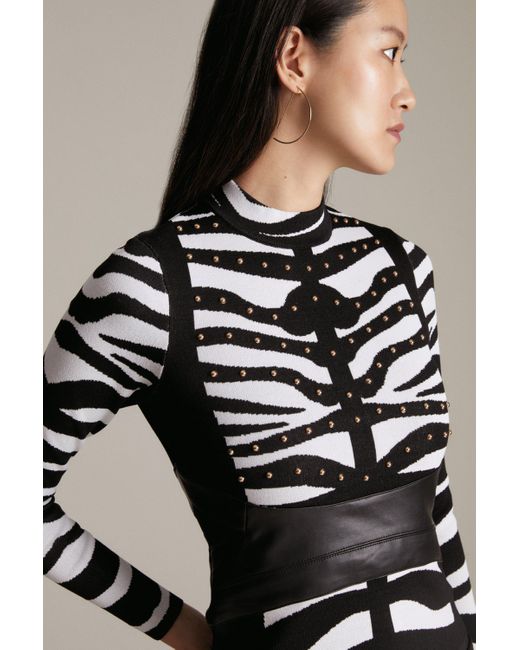 Karen Millen Black Zebra Jacquard Studded Pu Mix Knit Top