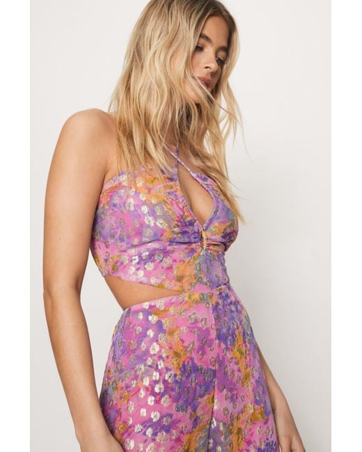 Nasty Gal Pink Metallic Floral Strappy Back Jumpsuit