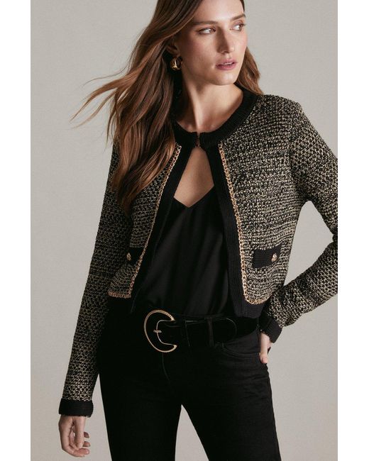 Karen Millen Black Tweed Knit Chain Detail Cardigan