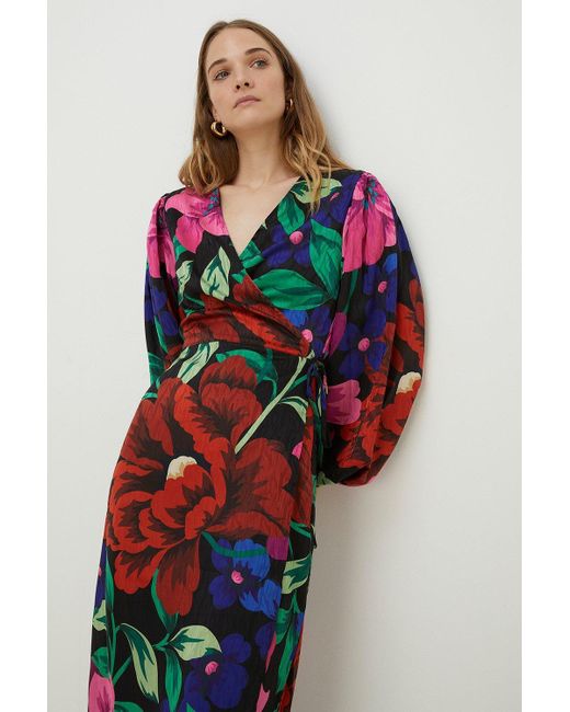 Oasis Red Large Scale Bold Floral Wrap Midi Dress