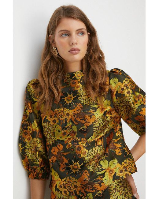 Oasis Yellow Puff Sleeve Large Floral Jacquard Top
