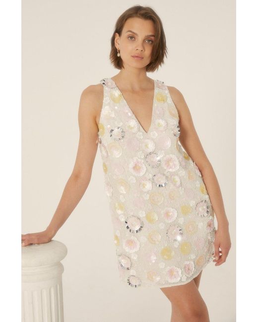 Oasis Natural 3d Pastel Floral Sequin A Line Shift Dress