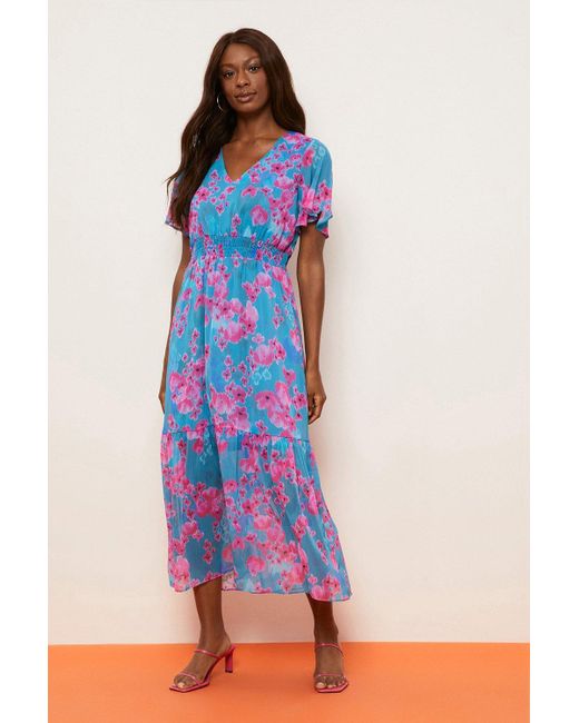 Wallis Pink Poppy Print Shirred Waist Fluted Sleeve Dress