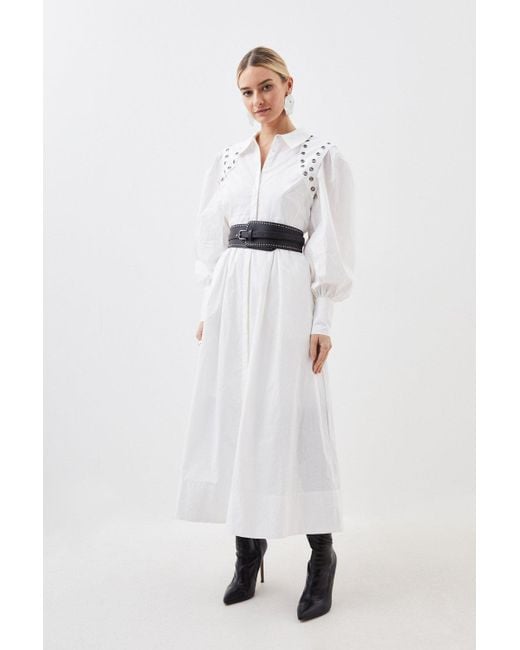 Karen Millen White Petite Cotton Eyelet Belted Long Sleeve Woven Maxi Dress