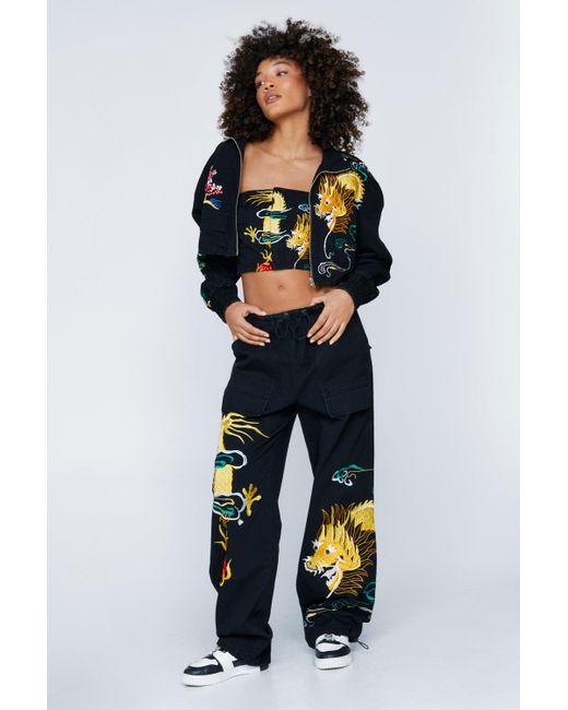 Nasty Gal Blue Embroidered Dragon Brushed Twill Crop Jacket