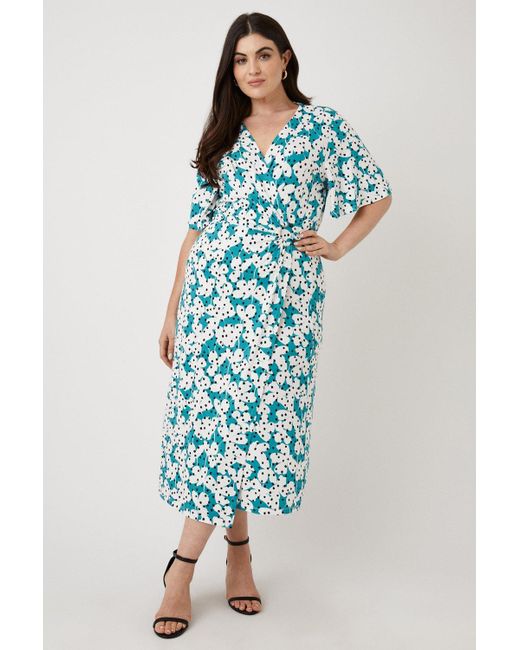 Wallis Blue Curve Green Floral Spot Angel Sleeve Jersey Midi Dress