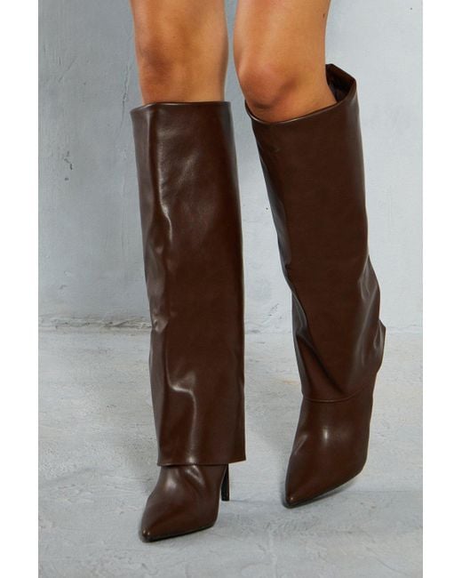 MissPap Brown Leather Look Fold Over Knee High Boots