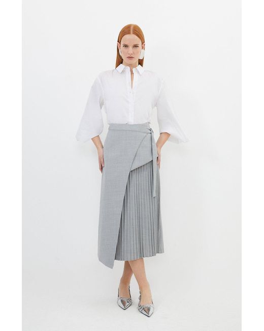 Karen Millen Gray Tailored Wool Blend Pleated Skirt