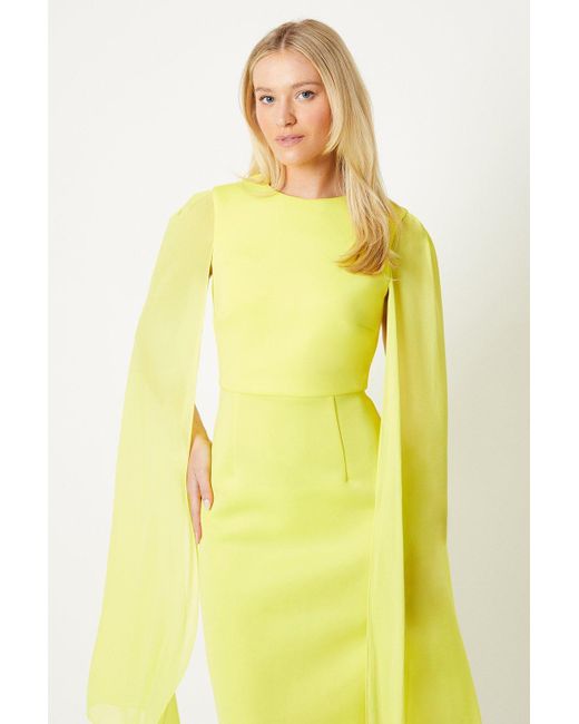 Debut London Yellow Cape Sleeve Scuba Midi Dress