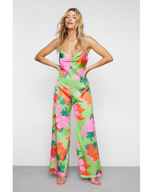 Nasty Gal White Bold Floral Print Wide Leg Jumpsuit
