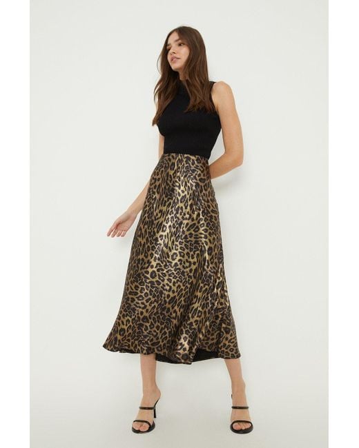 Dorothy Perkins Natural Leopard Print Satin Bias Midi Skirt