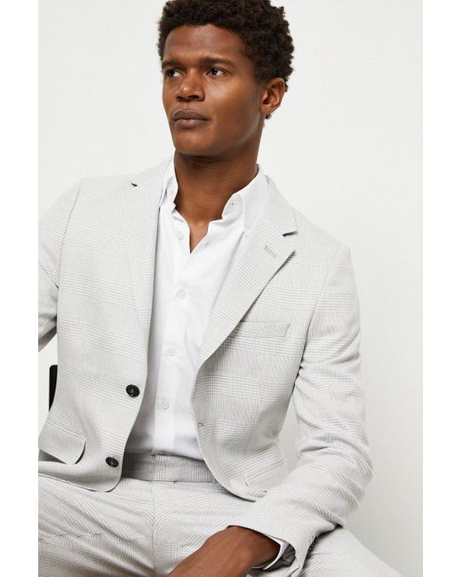 Burton White Slim Fit Light Grey Pow Check Suit Jacket for men