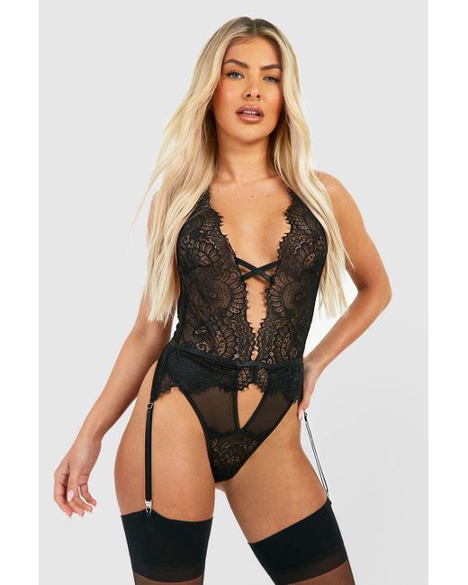 Boohoo Black Lace Plunge One Piece