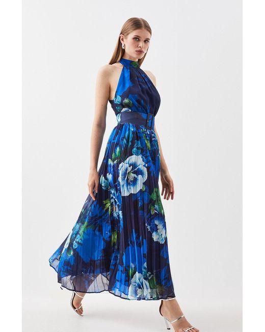 Karen Millen Blue Rose Print Pleated Maxi Dress