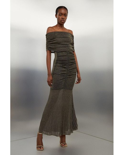 Karen Millen Metallic Slinky Viscose Sparkle Bardot Knit Maxi Dress