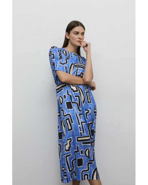 Warehouse Blue Satin Dobby Column Midi Dress In Print
