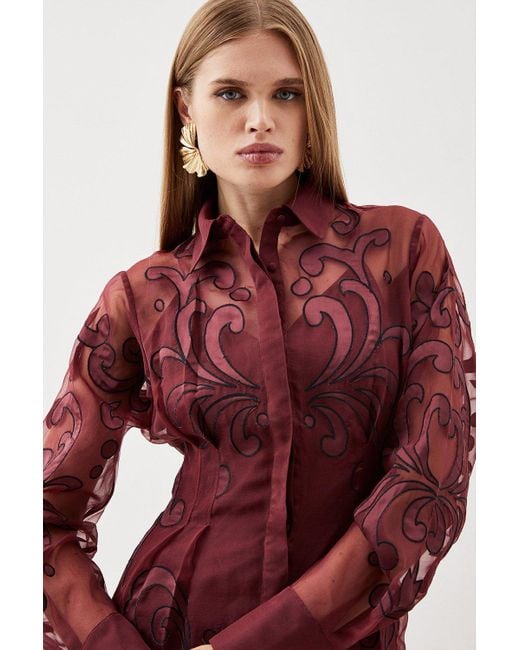 Karen Millen Red Applique Organdie Woven Midi Shirt Dress
