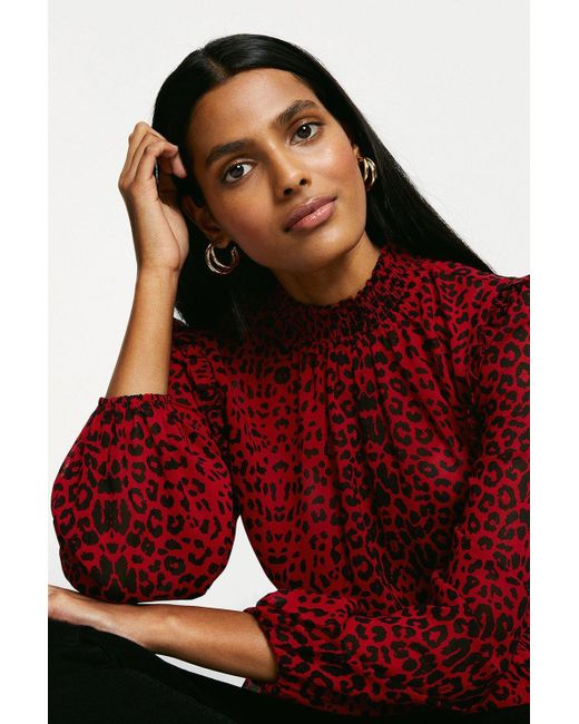 Oasis Red Animal Ruffle Blouse