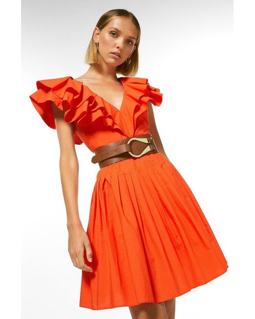 Karen Millen Orange Petite Cotton Ruffle Mini Dress